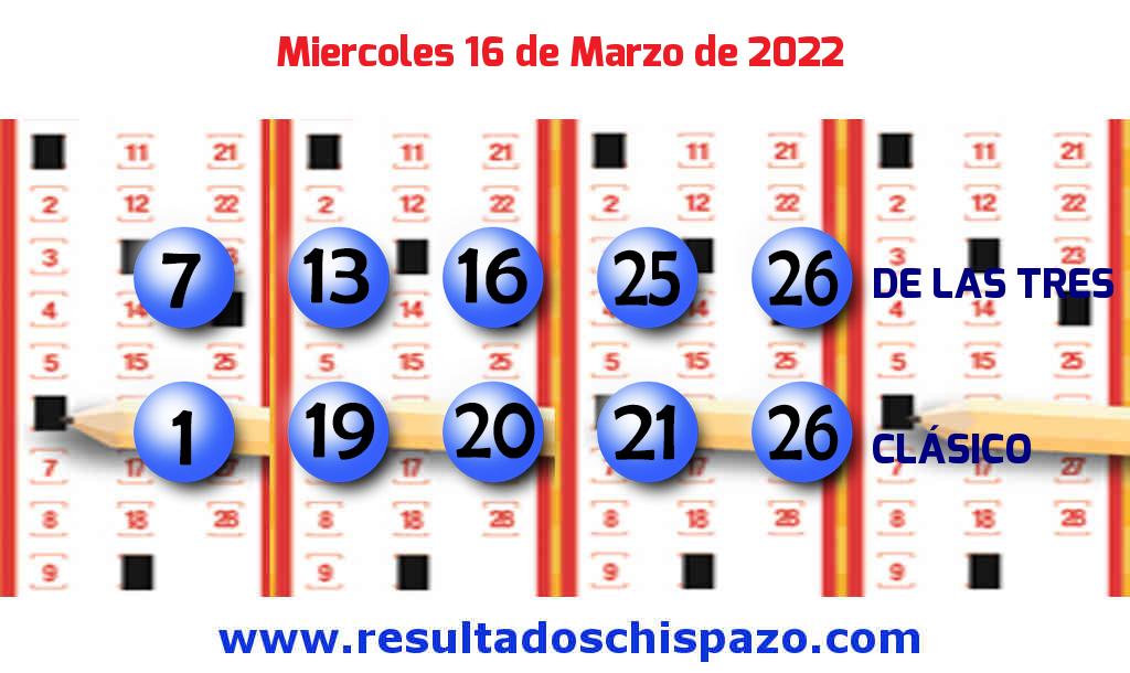 Resultados Chispazo Clásico de hoy Miércoles Boleto del Chispazo Clásico de hoy 2022-03-16.